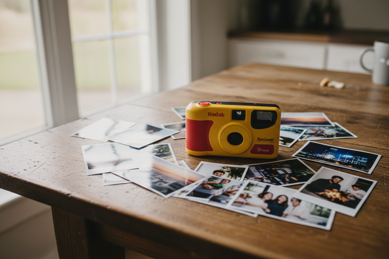 A Kodak funsaver disposable camera on a kitchen table with a set of 6 x 4 prints, in a format suitable for use on a banner (wide)